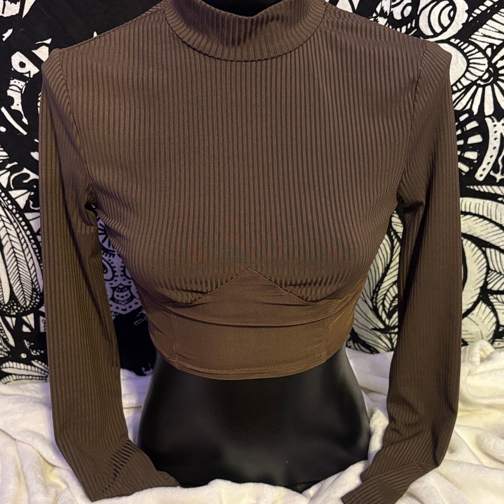 SHEIN Chocolate Ribbed Long Sleeve Crop Top